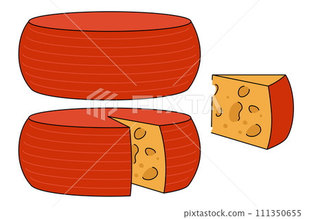 Cartoon wheel of cheese with red waxy rind. A triangular piece cut from a round cheese wheel Cartoon wheel of cheese with red waxy rind. A triangular piece cut from a round cheese wheel 111350655