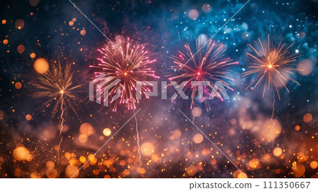 Glittering fireworks painting the night sky with bursts of vivid color. large copyspace area with copy space for text 111350667