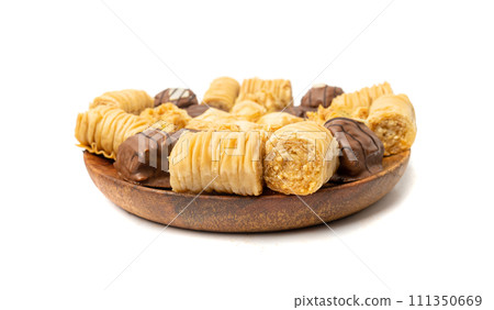 Baklava Isolated, Small Ramadan Dessert, Eastern Sweet Filo Pastries, Turkish Honey Baklawa, Oriental Desert Baklava Isolated, Small Ramadan Dessert, Eastern Sweet Filo Pastries, Turkish Honey Baklawa, Oriental Desert 111350669