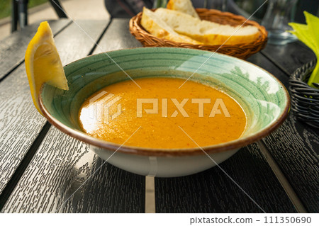 Red Lentil Soup, Yellow Cream Puree, Ramadan Food, Pumpkin Vegetarian Dish, Orange Lentil Soup in Bowl Red Lentil Soup, Yellow Cream Puree, Ramadan Food, Pumpkin Vegetarian Dish, Orange Lentil Soup in Bowl 111350690