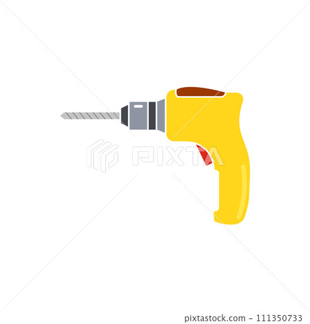Portable electric hand drill drawing with bit. Yellow power drill icon. Isolated vector cartoon clipart on white blank background. Portable electric hand drill drawing with bit. Yellow power drill icon. Isolated vector cartoon clipart on white blank background. 111350733