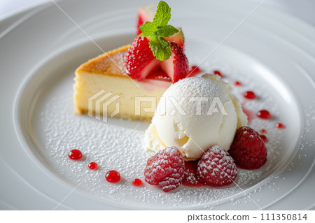 起司蛋糕配新鮮莓果和冰淇淋 起司蛋糕配新鮮莓果和冰淇淋 111350814