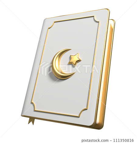 Islamic golden holy quran book icon. Golden holy quran ramadan icon. 3D rendering holy quran isolated. Quran 3d icon illustration 111350816