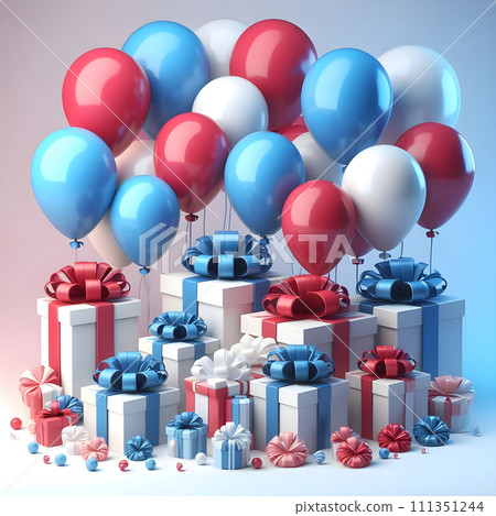 Gift boxes with red and blue balloons and confetti. 3D rendering 111351244