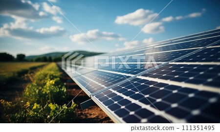 AI-generated content. Alternative electricity source. Renewable energy. Solar panels reflect sparkling light from the sun. Generative AI 111351495