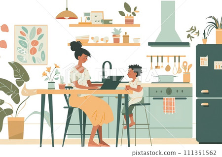 Mother working with laptop from kitchen. Balance between work and motherhood Mother working with laptop from kitchen. Balance between work and motherhood 111351562