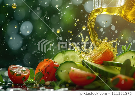 Green salad with tomato and fresh vegetables dressed olive oil 111351575