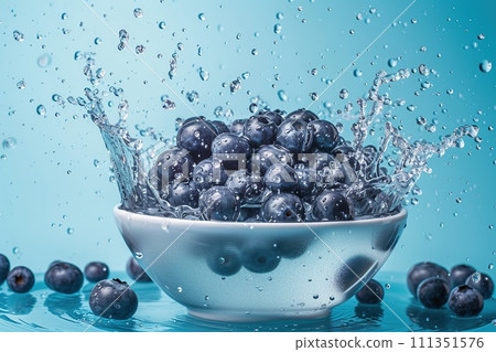 Blueberries splashing in water on blue background Blueberries splashing in water on blue background 111351576