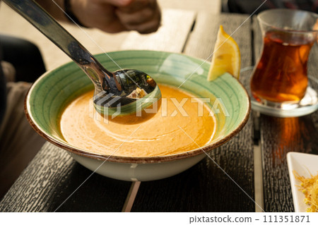 Red Lentil Soup, Yellow Cream Puree, Ramadan Food, Pumpkin Vegetarian Dish, Orange Lentil Soup in Bowl 111351871
