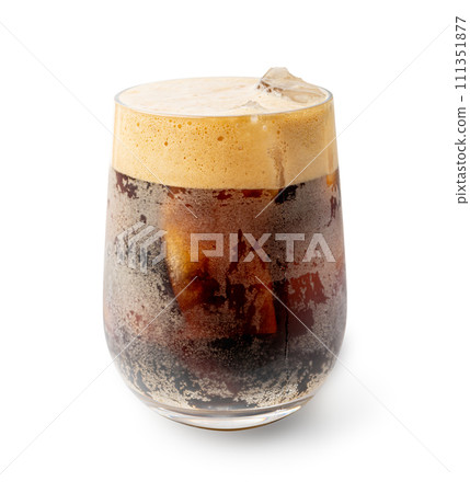 Iced Porter Beer Isolated, Cold Stout in Glass, Dark Beer with Foam and Ice Cubes, Bubbles on Alcohol Drunk Mug 111351877
