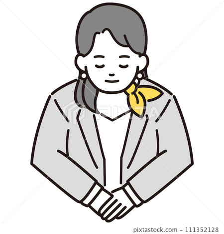 Illustration of a woman in a suit with a scarf wrapped around her neck bowing 111352128