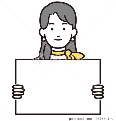 一位身穿西裝、脖子上纏著圍巾、拿著白板的女人的插圖 一位身穿西裝、脖子上纏著圍巾、拿著白板的女人的插圖 111352129
