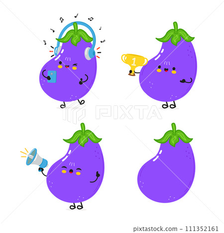 Funny Eggplant characters bundle set. Vector hand drawn doodle style cartoon character illustration icon design. Cute Eggplant mascot character collection 111352161