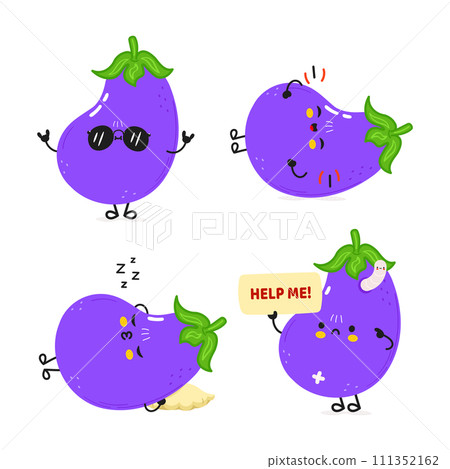 Funny Eggplant characters bundle set. Vector hand drawn doodle style cartoon character illustration icon design. Cute Eggplant mascot character collection 111352162