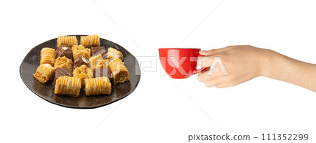 Baklava Isolated, Small Ramadan Dessert, Eastern Sweet Filo Pastries, Turkish Honey Baklawa, Oriental Desert Baklava Isolated, Small Ramadan Dessert, Eastern Sweet Filo Pastries, Turkish Honey Baklawa, Oriental Desert 111352299