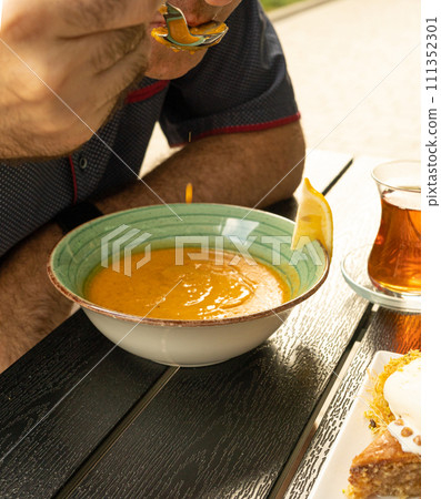 Red Lentil Soup, Yellow Cream Puree, Ramadan Food, Pumpkin Vegetarian Dish, Orange Lentil Soup in Bowl Red Lentil Soup, Yellow Cream Puree, Ramadan Food, Pumpkin Vegetarian Dish, Orange Lentil Soup in Bowl 111352301