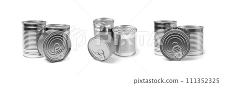 Different Tin Cans Isolated, Preserve Template Mockup, Metal Milk Package Group, Aluminum Containers 111352325