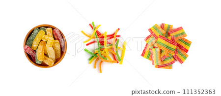 Gummy Candy Pile Isolated, Chewing Colorful Marmalade Sticks, Jelly French Fries Heap, Gelatin Candies Gummy Candy Pile Isolated, Chewing Colorful Marmalade Sticks, Jelly French Fries Heap, Gelatin Candies 111352363