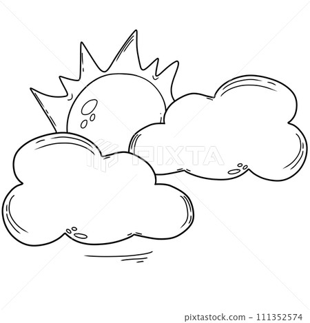 black line art of cloud and sun on a  transparent background, coloring book art supply for kids 111352574