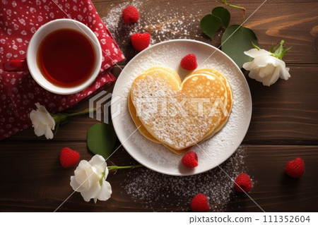 AI-generated content. Valentine's Day breakfast with heart shaped pancakes decorated raspberries on dark background. View from above. Tasty dessert. 111352604