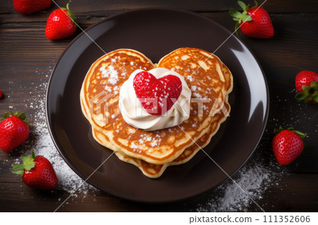 AI-generated content. Valentine's Day breakfast with heart shaped pancakes decorated strawberry on dark background. View from above. Tasty dessert. 111352606