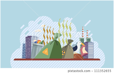 Nature pollution. Vector illustration. Pollution has become common issue in many parts world Unsustainable practices lead to unsanitary conditions and nature pollution Tainted water sources are result Nature pollution. Vector illustration. Pollution has become common issue in many parts world Unsustainable practices lead to unsanitary conditions and nature pollution Tainted water sources are result 111352655