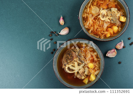Delicious homemade borscht or soup. 111352691