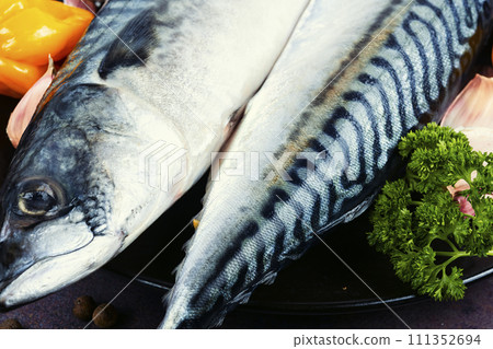 Raw mackerel fish, macro. 111352694