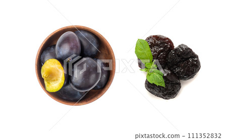 Dry Plums Isolated, Dried Black Fruits, Prune Group, Dry Plum Fruit on White Background 111352832