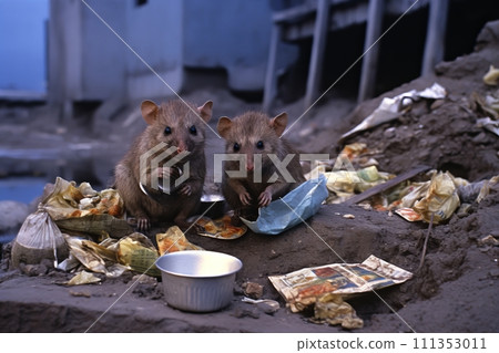 Urban scavenging. city rats sitting on trash pile, in search for food in an urban environment 111353011