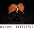 the hand of a person lighting a fire 111353791