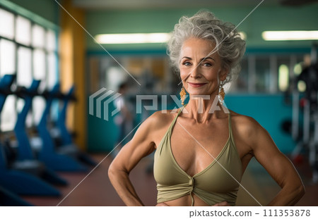 Beautiful woman of advanced age poses in the gym Beautiful woman of advanced age poses in the gym 111353878