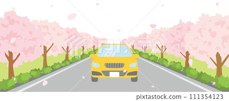 A car running along a row of cherry blossom trees, a spring drive scene A car running along a row of cherry blossom trees, a spring drive scene 111354123