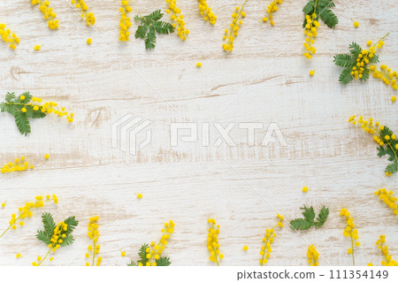 Mimosa wood grain background flower frame 111354149