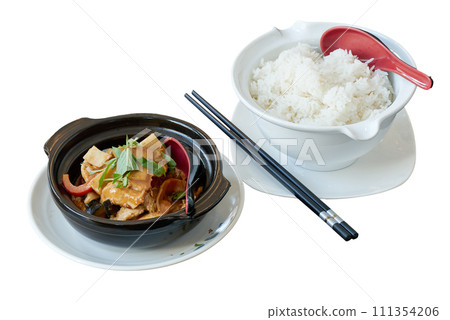 Plate with asiatic homemade food isolated on white 111354206