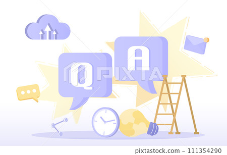 Business ideas concept. Elements of question, answer, problem solving, strategy planning, brainstorming, problem solving and data analysis. Flat vector design illustration. 111354290