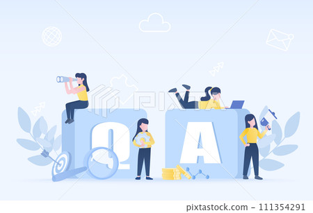 FAQ, question and answer concept. Business people character searching, explore, announcement, analyzing, investigate, management. Flat vector design illustration with copy space. 111354291
