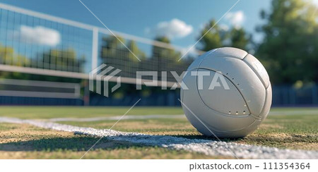 Close-up of a volleyball on the court with net in the background. sunny day, clear sky. sport and outdoor activity concept. summertime leisure. AI 111354364