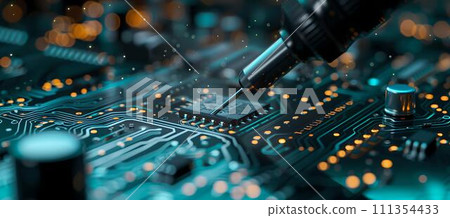 Close-up view of a robotic arm working on a circuit board. precision technology in manufacturing. electronic engineering and automation process. AI Close-up view of a robotic arm working on a circuit board. precision technology in manufacturing. electronic engineering and automation process. AI 111354433