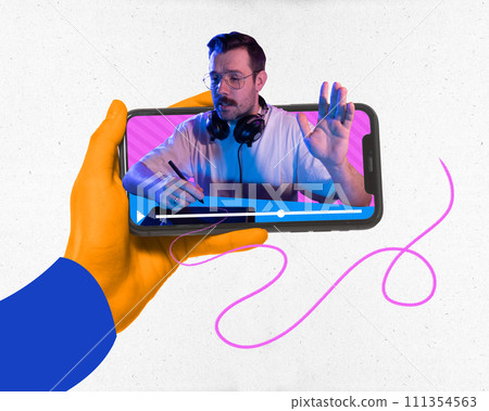 Modern aesthetic artwork. Hand holding phone with man, blogger sitting with tablet in headphones and raising hand. 111354563