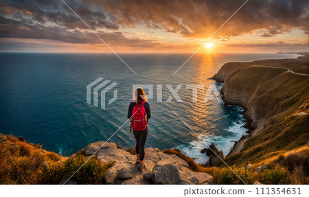 Girl with backpack standing atop a cliff overlooking a vast ocean captured 111354631