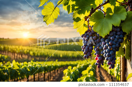 Sunny vineyard with clusters of ripe grapes in focus Sunny vineyard with clusters of ripe grapes in focus 111354637