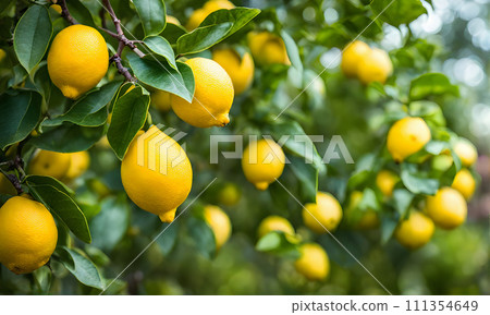 Lemon tree branches laden with bright yellow lemons 111354649