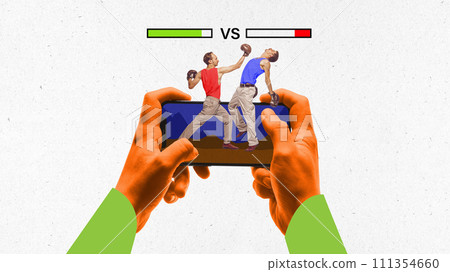 Modern aesthetic artwork. Hands holding smartphone with image of two boxers fighting, health bars at top. 111354660