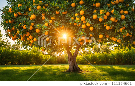 Abundant orange tree with ripe oranges in focus foreground, garden setting background 111354661