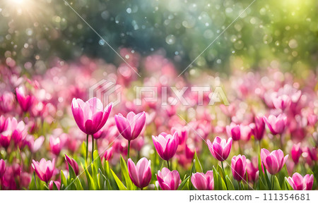 Sunny spring field: Vibrant flowers under the sun 111354681