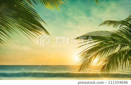 Serene summer beach scene with palm leaves, sand, and sea Serene summer beach scene with palm leaves, sand, and sea 111354696