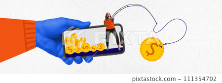 Contemporary art collage. Woman with binoculars on smartphone, coins on screen, fishing for dollar symbol with hook. Hands holds phone. 111354702