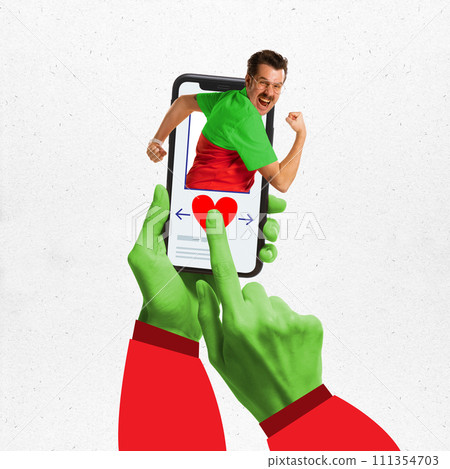 Modern aesthetic artwork. Joyful man in green-red shirt emerging from smartphone with heart icon with large hands holds phone. 111354703