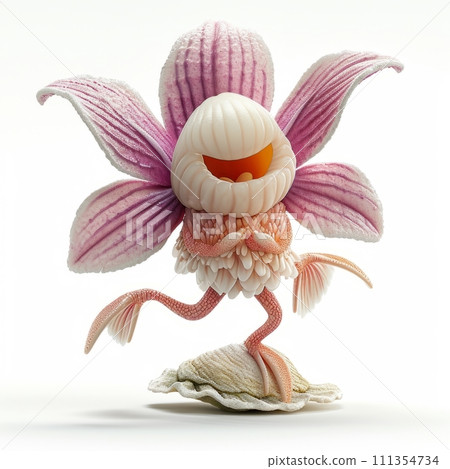 AI-generated content. Surreal illustration of an anthropomorphic flower with detailed textures and pastel colors. 111354734